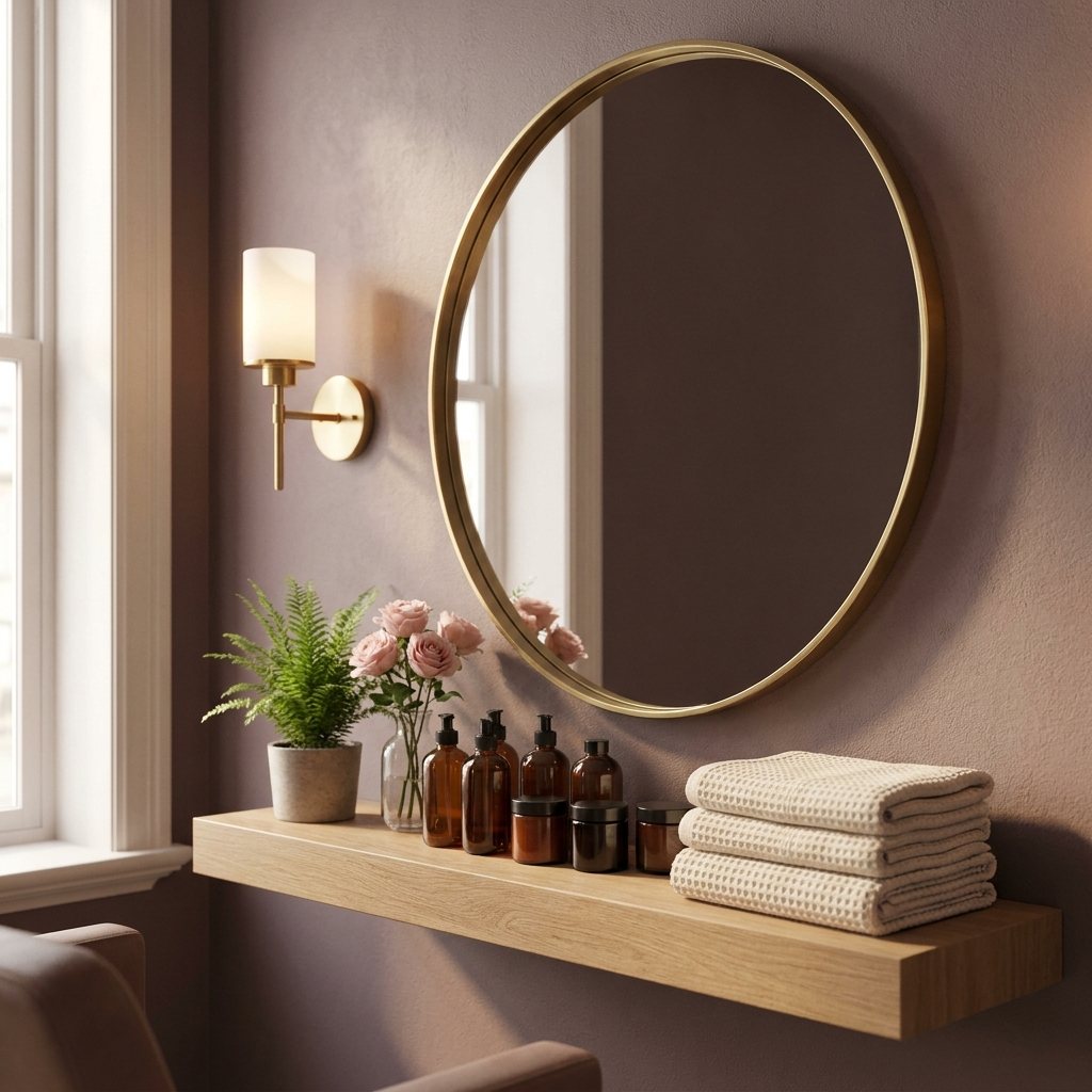 Stylingstation met een ronde brass-spiegel en verzorgingsproducten op een houten plank