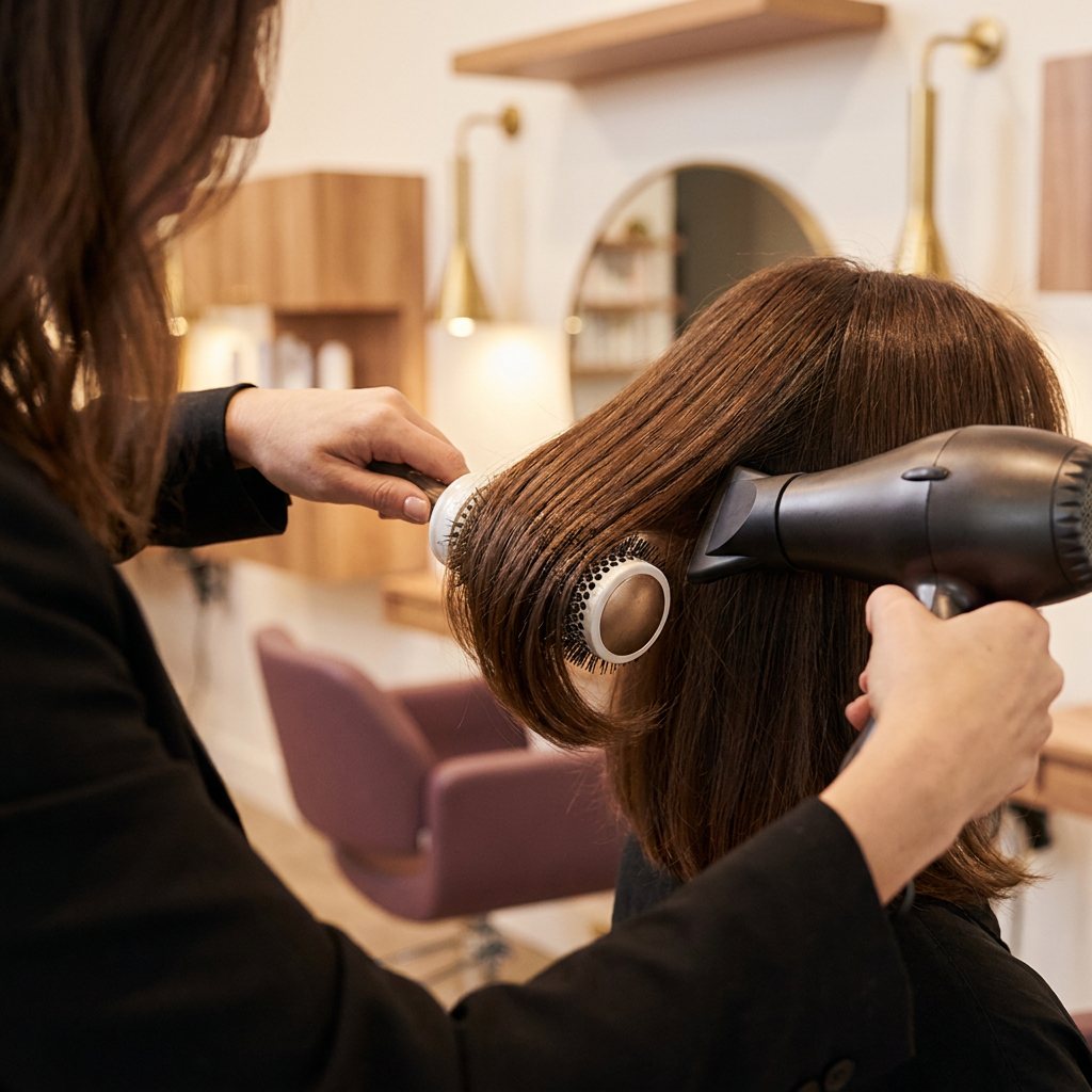 Handen van een kapster die glanzend haar stylt met een ronde borstel en föhn